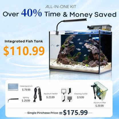 10 Gallon Aquarium Set Glass Fish Tank, Heater Self Cleaning System Filter with Media Bright Light Cleaning Tool, Leak-Proof Clear Rimless Betta Tropical Freshwater Fish