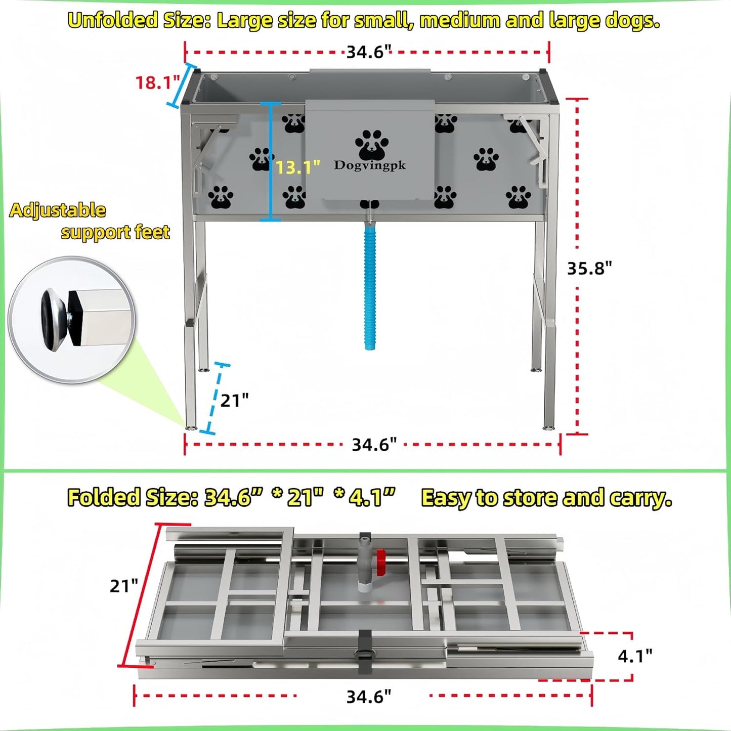 Foldable Elevated Dog Bathtub with Drain 300 lb Capacity Portable Pet Shower Wash Station for Bathing Grooming Small Medium and Large Dogs, and Indoor Outdoor Use (1 PVC-TUB-L)