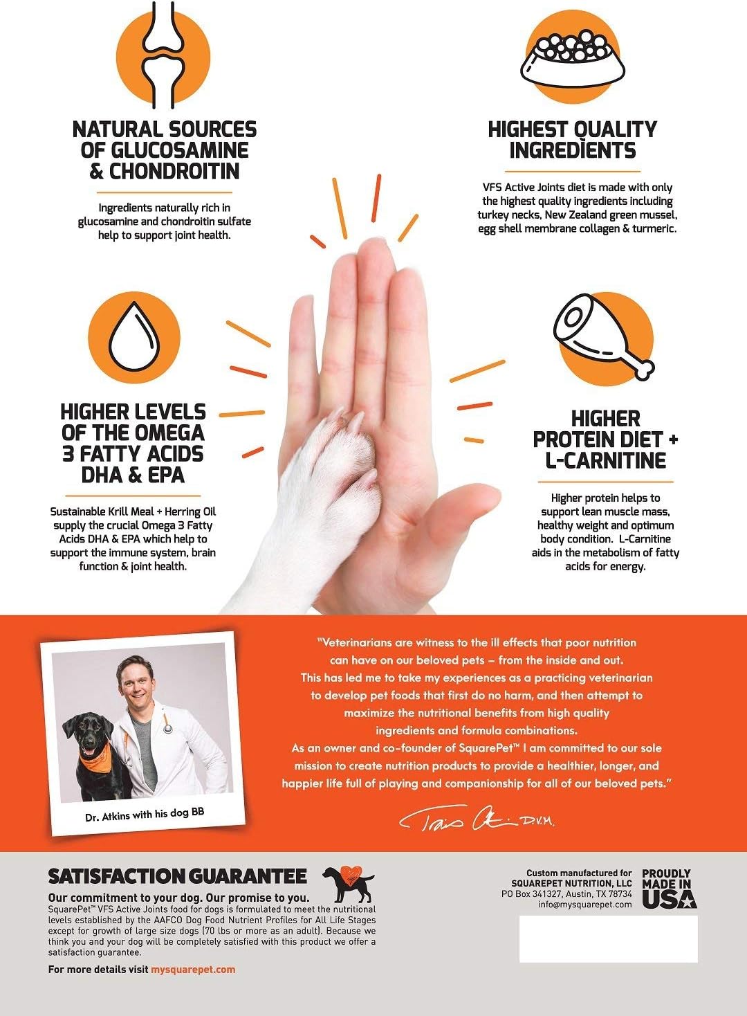 SquarePet VFS Canine Active Joints Formula, Turkey, Green Lip Mussels, Eggshell Collagen, High Protein Diet 4.4 lbs