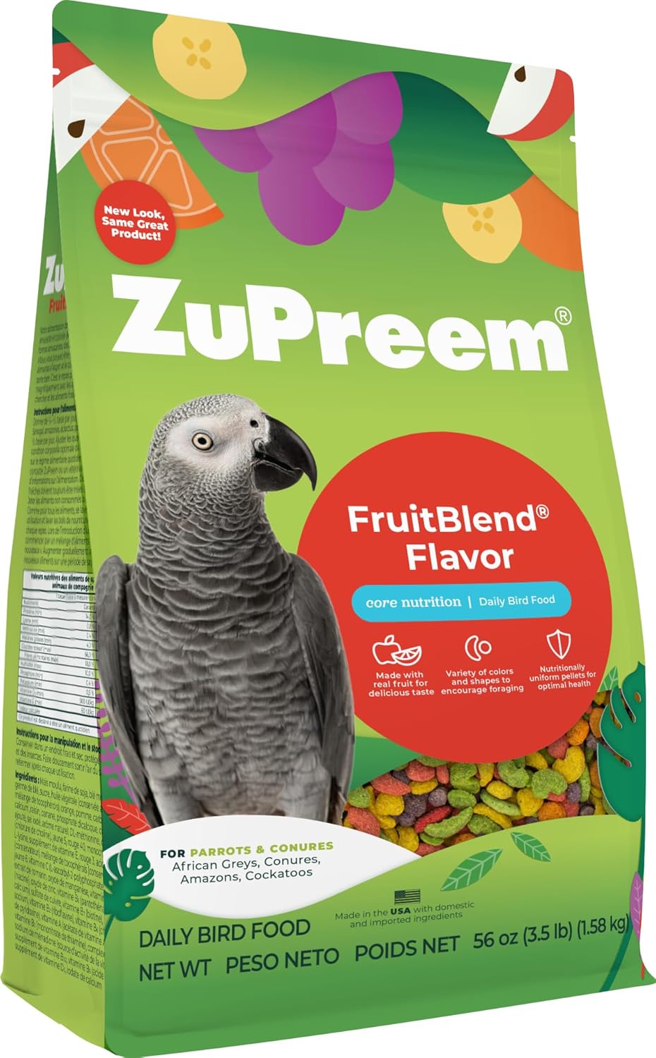 ZuPreem FruitBlend Bird Pellets, Daily Bird Food for Parrot, Conure, Caique, African Grey, Eclectus, Small Cockatoo, Core Nutrition for Medium Large Birds, Parrot Food (ML, 3.5 lbs)