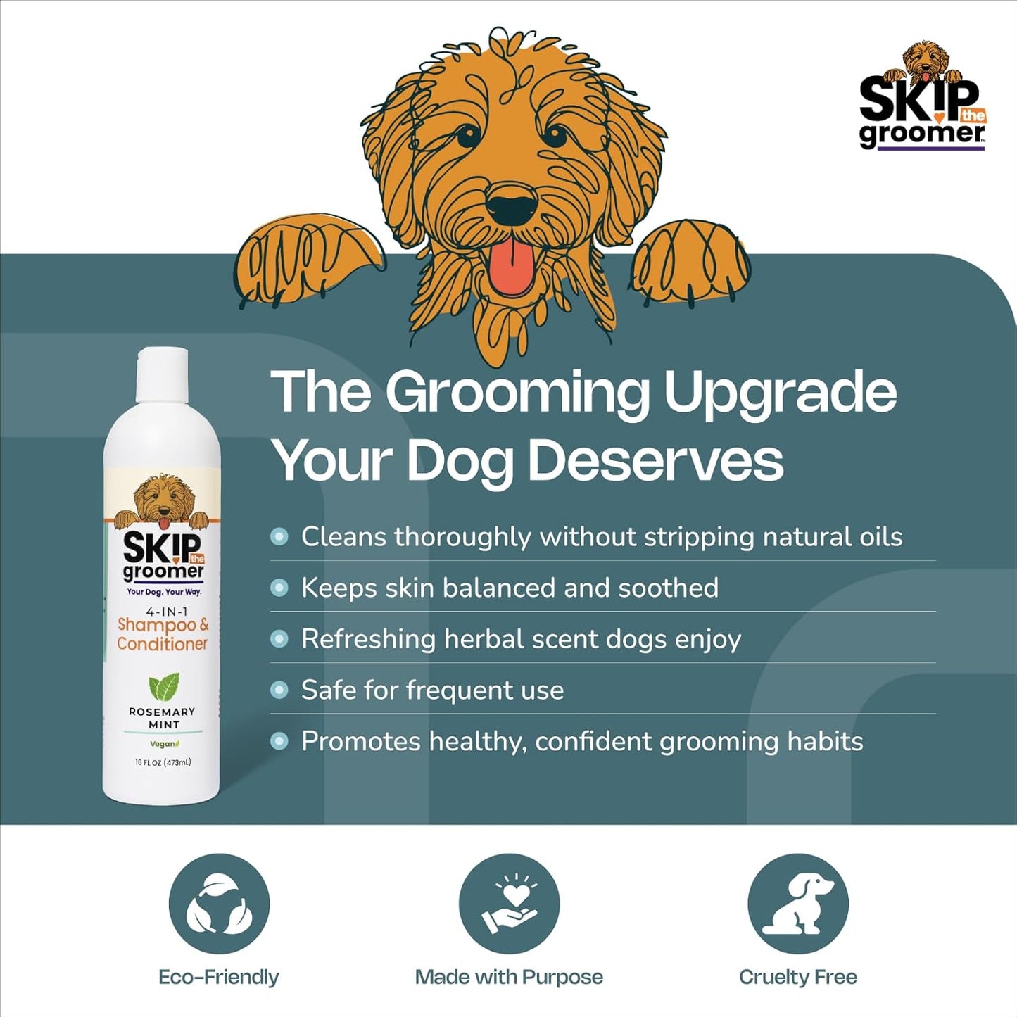 4-in-1 Dog Shampoo & Conditioner, Rosemary Mint, Cleans, Conditions, Detangles & Deodorizes, Natural, Vegan, Gentle Grooming for All Breeds & Coat Types 16 oz, Made in USA
