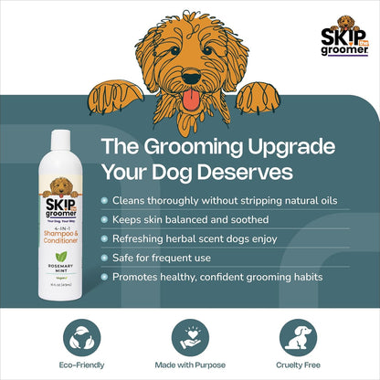 4-in-1 Dog Shampoo & Conditioner, Rosemary Mint, Cleans, Conditions, Detangles & Deodorizes, Natural, Vegan, Gentle Grooming for All Breeds & Coat Types 16 oz, Made in USA