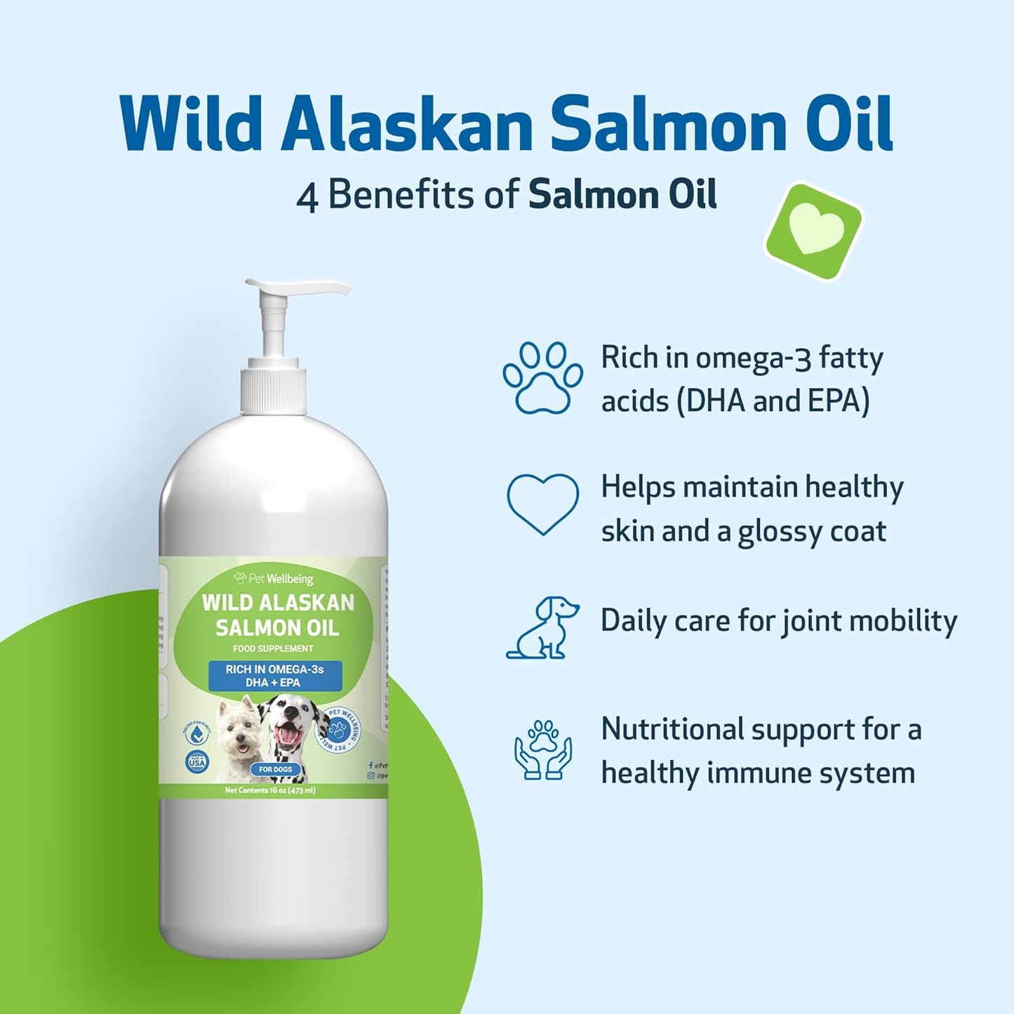 Pet Wellbeing Wild Alaskan Salmon Oil for Dogs - Omega 3 Fish Oil with EPA & DHA, Skin, Coat, Joint & Heart Health - NASC Certified & Vet Formulated - 16 oz Pump Bottle