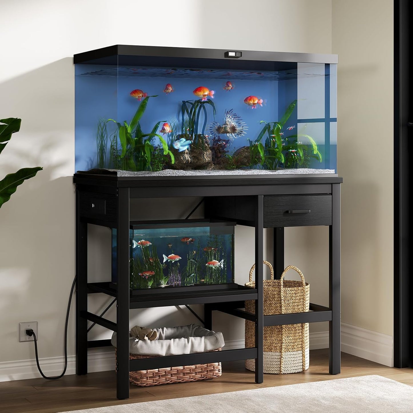 40-50 Gallon Fish Tank Stand with Power Outlet, Aquarium Stand with 3-Tier Adjustable Storage Shelves, Fish Stand with Storage Drawers, 36.6"*18.9" Tabletop (Black)