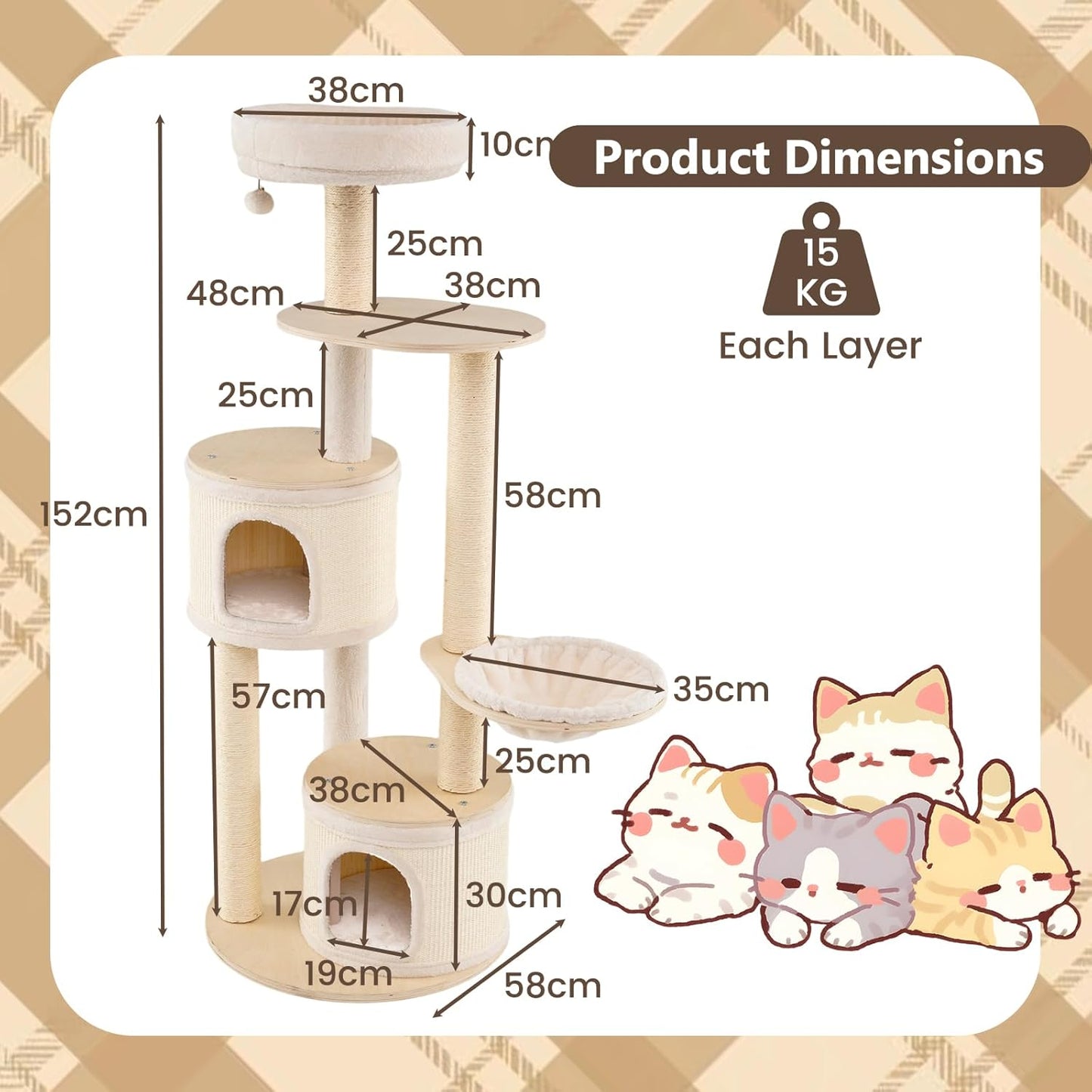PETSITE 60 Inches Wooden Cat Tree, Multi-Level Modern Cat Tower with Sisal Scratching Posts, Double Condos, Padded Cozy Top Perch, Multiple Jumping Platforms, and Hanging Ball, Ideal for Indoor Cats