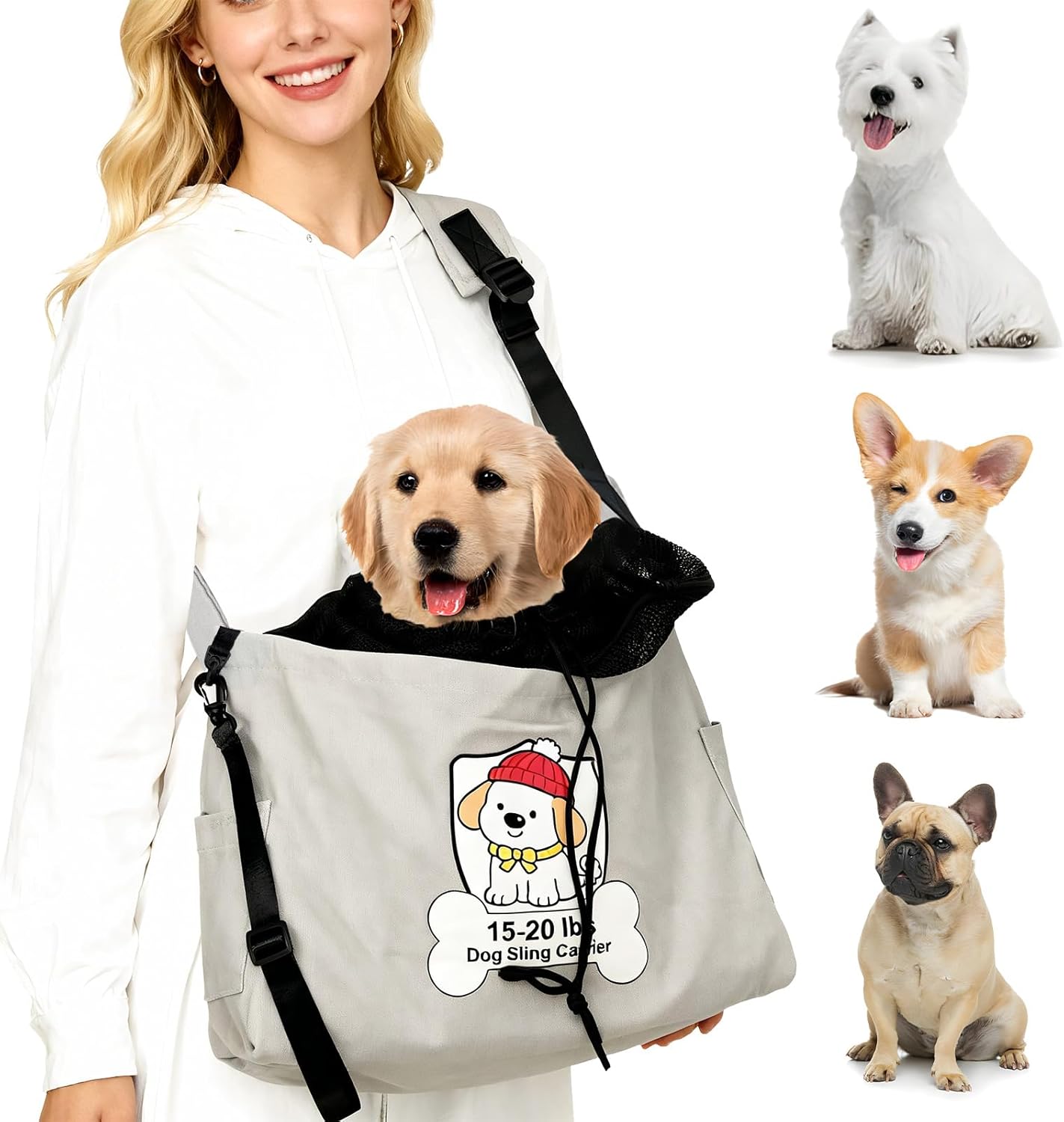Dog Sling Carrier for 15-20lbs Fits French Bulldog, Westie, Golden Retriever Puppies, Corgi – Hands-Free Outdoor Carrier with Adjustable Oxford Strap, Hard Bottom Panel with Soft Cushion