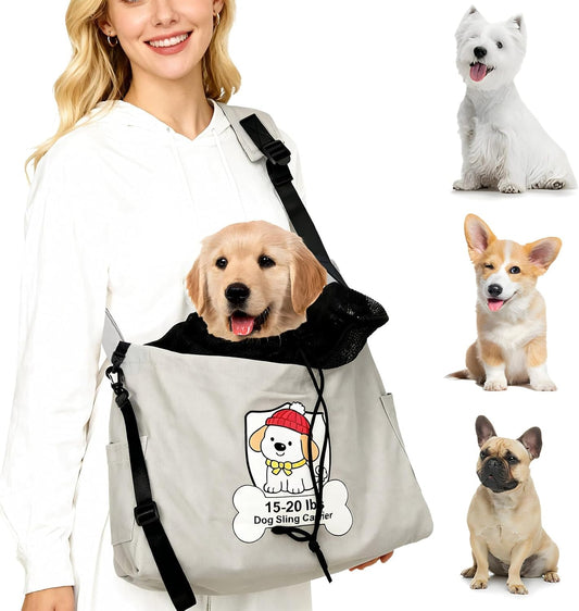 Dog Sling Carrier for 15-20lbs Fits French Bulldog, Westie, Golden Retriever Puppies, Corgi – Hands-Free Outdoor Carrier with Adjustable Oxford Strap, Hard Bottom Panel with Soft Cushion