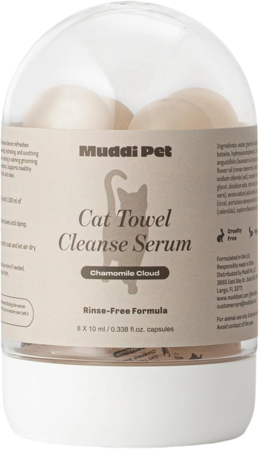 Cat Rinse-Free Shampoo & Conditioner – Dry Shampoo Towel Cleanse for Sensitive Skin, Stress & Itch Relief Gentle Leave-in Serum – 98.65% Naturally Derived, Hydrate & Deodorize – 8 x 10ml