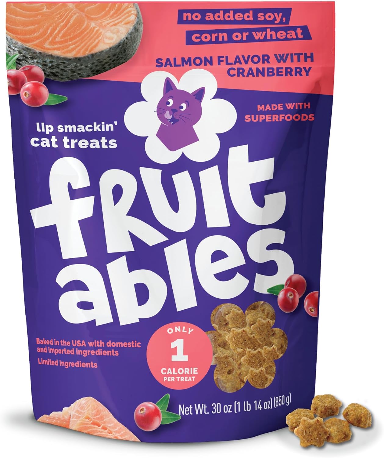 Fruitables Cat Treats Crunchy Cat Treats, Healthy Low Calorie Kitten Snacks, Made Without Wheat, Corn and Soy, Kitten Essentials, Made with Real Salmon and Cranberry, 30 Ounces