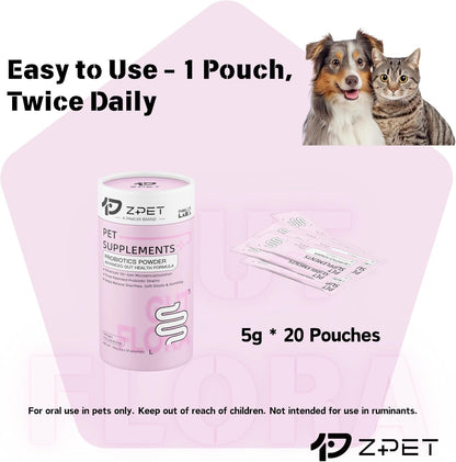 ZPET Probiotics Powder for Dogs & Cats – 5th-Gen Microencapsulation with 3 Patented Strains – Gut Health & Digestive Support – Helps with Diarrhea, Stool Odor & Appetite – 100g (5g×20 Piuches)