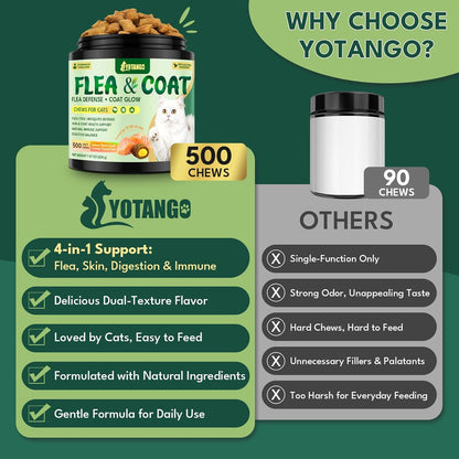 YOTANGO Cat Flea Treatment Crunchy & Creamy Chewables, 500 Chews Natural Flea and Tick Prevention for Cats + Skin and Coat Support, Daily Oral Supplement Chewables for Cats and Kittens (Salmon Flavor)