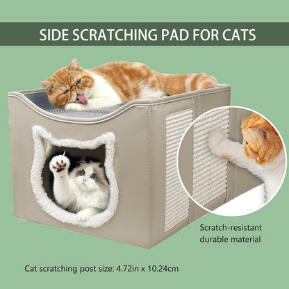Cat Beds for Indoor Cats, Large Cat Houses with Cozy Condo,with Premium Tech Fabric& Scratch Pad, Round Window, Foldable Indoor Cat House Hold Up to 30LBS, with Reversible Cushion for Multi Small Pet