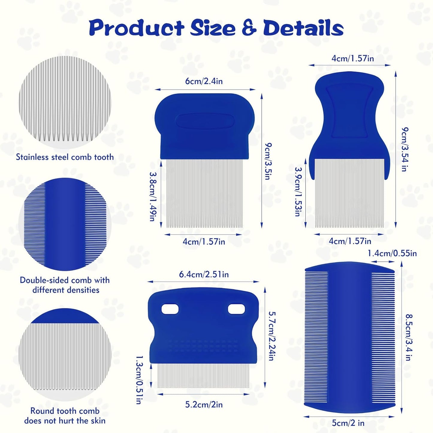 WRW 7 Pack Flea Lice Comb,Stainless Steel Dog Cat Grooming Combs with Fine & Wide Tooth, Double-Sided Tear Stain Remover,Tick Removal Tool, Dematting Tool for Small, Medium & Large Pets