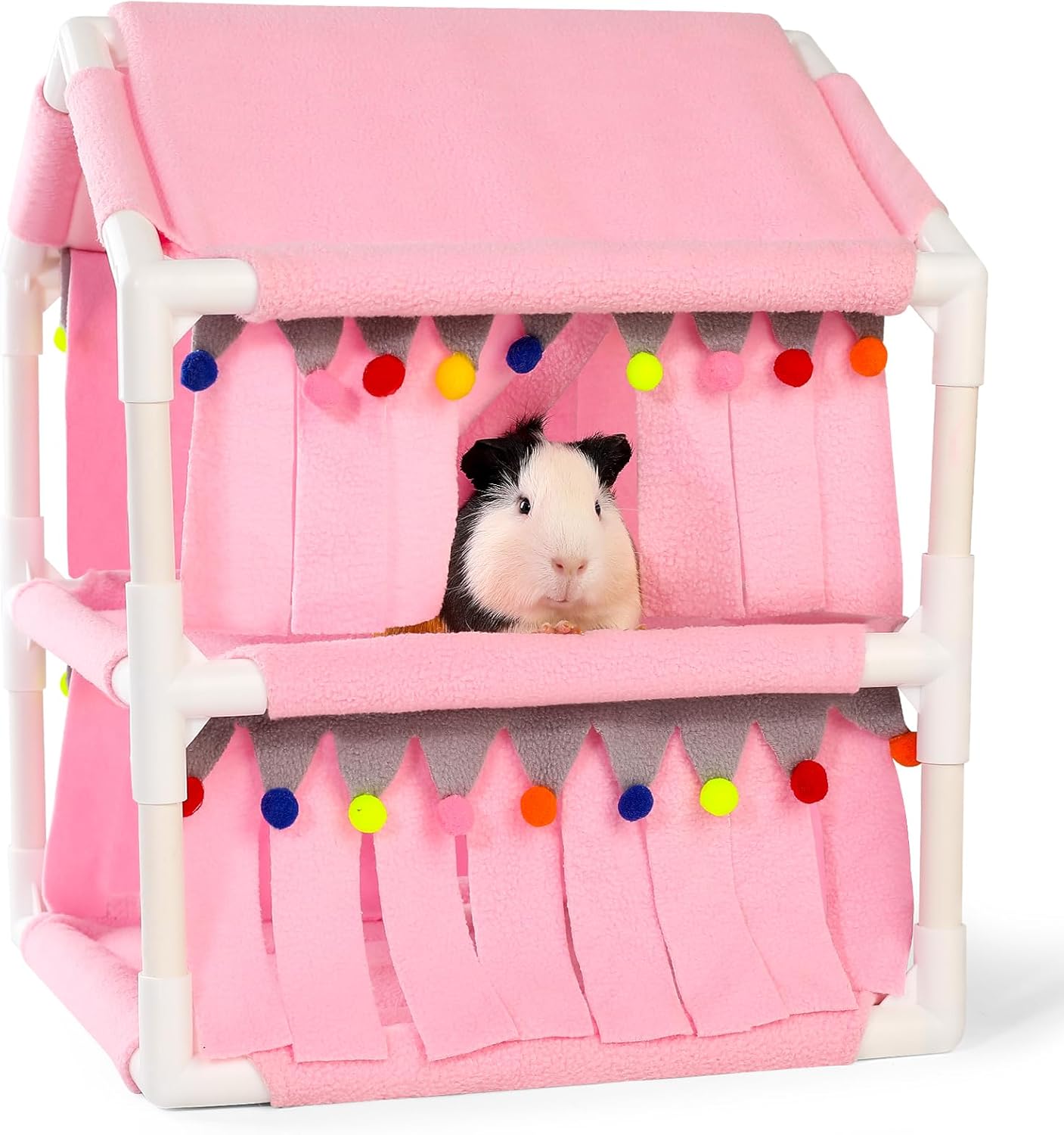 Guinea Pig Loft Bed - Small Pet Bunk Bed, Guinea Pig Hammock with Fleece Forest Hideout, Ideal for Rabbits, Ferrets and Chinchillas, Pink