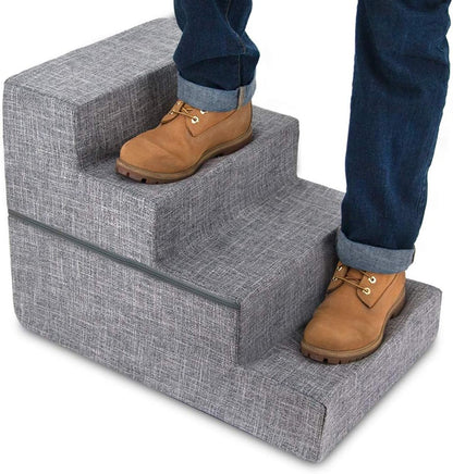 Best Pet Supplies Round Bed for Pet, 4-Step Pet Stair, Grey Linen (Foldable)