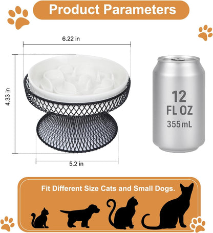 Raised Ceramic Cat Slow Feeder Bowl, Elevated Cat Plate with Stand, Slow Bowl for Wet and Dry Food, Whisker Friendly Pet Feeder for Kitten and Small Dog Perfect for Pet Gift