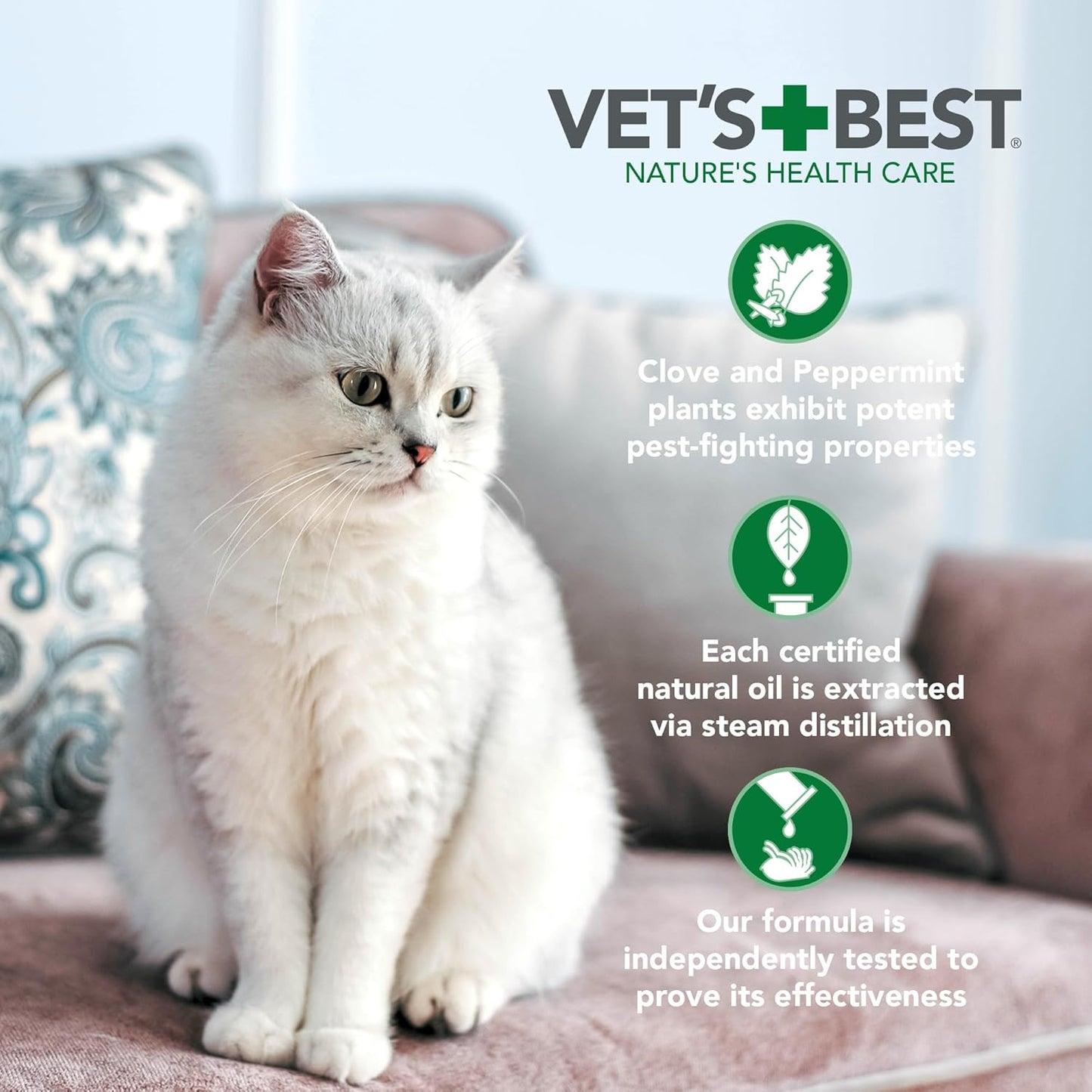 Vet's Best Natural Flea and Tick Spray for Cats and Home – Plant-Based Pest Control with Certified Essential Oils – Safe Indoor Flea Treatment for Cat Households – 96 oz Refill Bottle – Made in USA