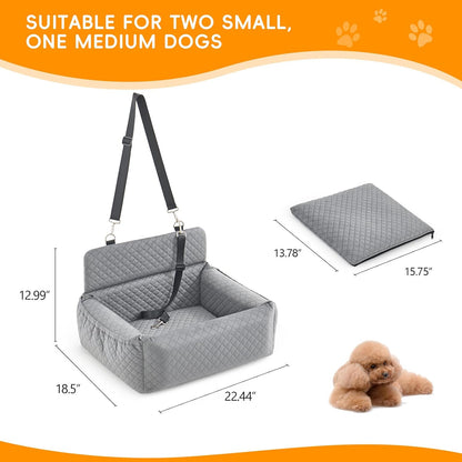 Dog Car Seat for Large Medium Dog,Washable Dog Booster Seat for 2 Small Dogs,Multi-Functional Dog Booster Seat with Thick Cushion, Safety Leashes Dog Sofa Cushion & Travel Dog Bed (Grey, 57cm)