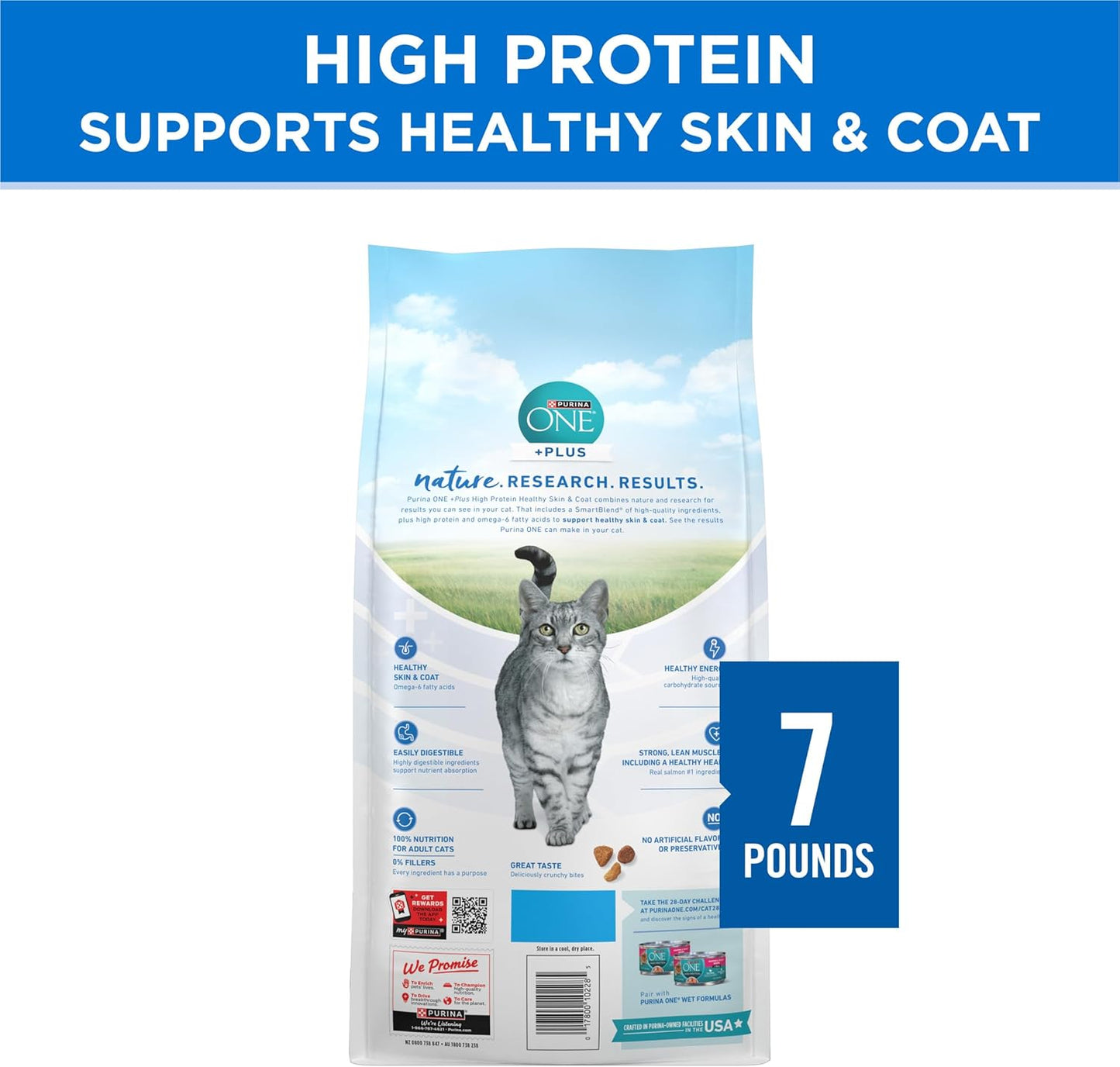 Purina ONE Plus High Protein Cat Food Dry Salmon and Ocean Whitefish Cat Skin and Coat Health Formula - 7 lb. Bag