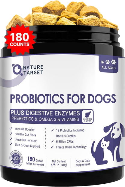 NATURE TARGET Probiotics for Dogs, 6 Billion CFUs, Freeze Dried Dog Probiotics with Prebiotics & Enzymes for Diarrhea, Gas, Vitamins & Omega 3 for Skin & Immune Health, Allergy Itch Relief, 180 Count