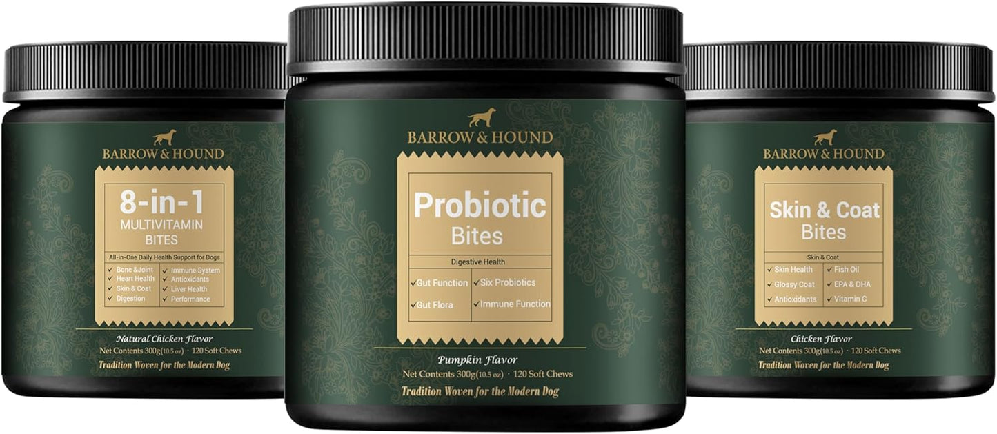 Barrow & Hound Daily Essentials Pack – Multivitamin, Probiotic & Skin & Coat Bites – Complete Daily Health Support for Dogs