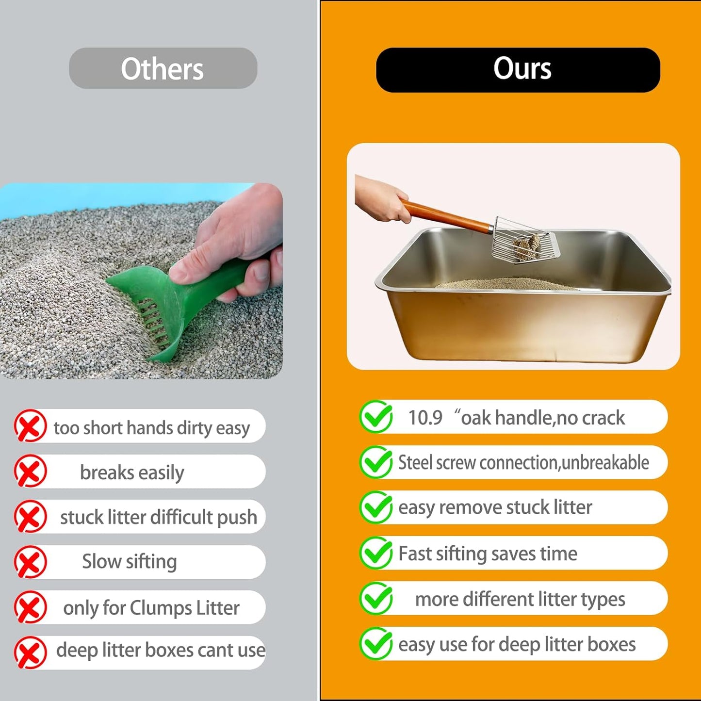 Metal Cat Litter Scoop with Holder, 10.9" Long Oak Handle Stainless Steel Litter Scooper for Deep Litter Boxes (2-in-1 Gap Design)