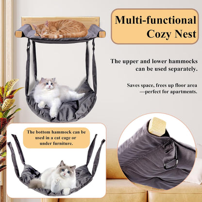 JSPYFITS Wooden Cat Wall Hammock, 18.9 x 12.6 Inch Double Layer Cat Furniture Hammock, Large Removable Multi-Function Cats Bed for Sleep/Play/Climb/Lounge Easy DIY Installation(Grey)