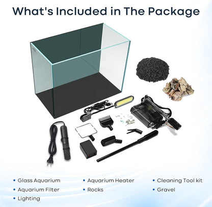 5 Gallon Small Aquarium Set Glass Fish Tank 6 Gallon, Starter Kit with Heater Water Pump Cleaning System Filter Bright Light Rocks Gravel Cleaning Tool, Leak-Proof Clear Rimless Betta Plants