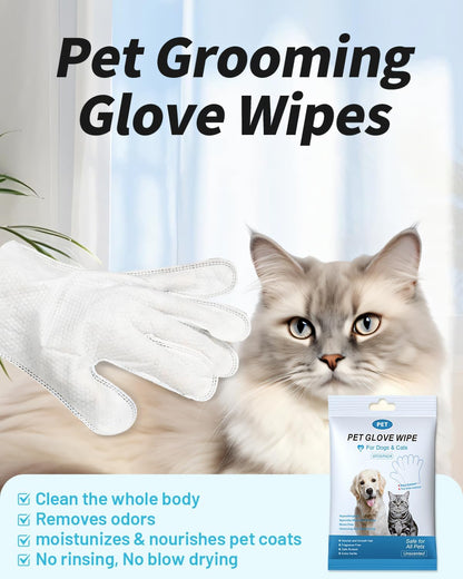Pet Cleaning and Deodorizing Bathing Disposable Grooming Glove Wipes for Dogs and Cats, Extra Thick Nourish Fur No-Rinse Grooming Wipes for Daily Care and Travel, Hypoallergenic, Unscented, 6PCS/Pack