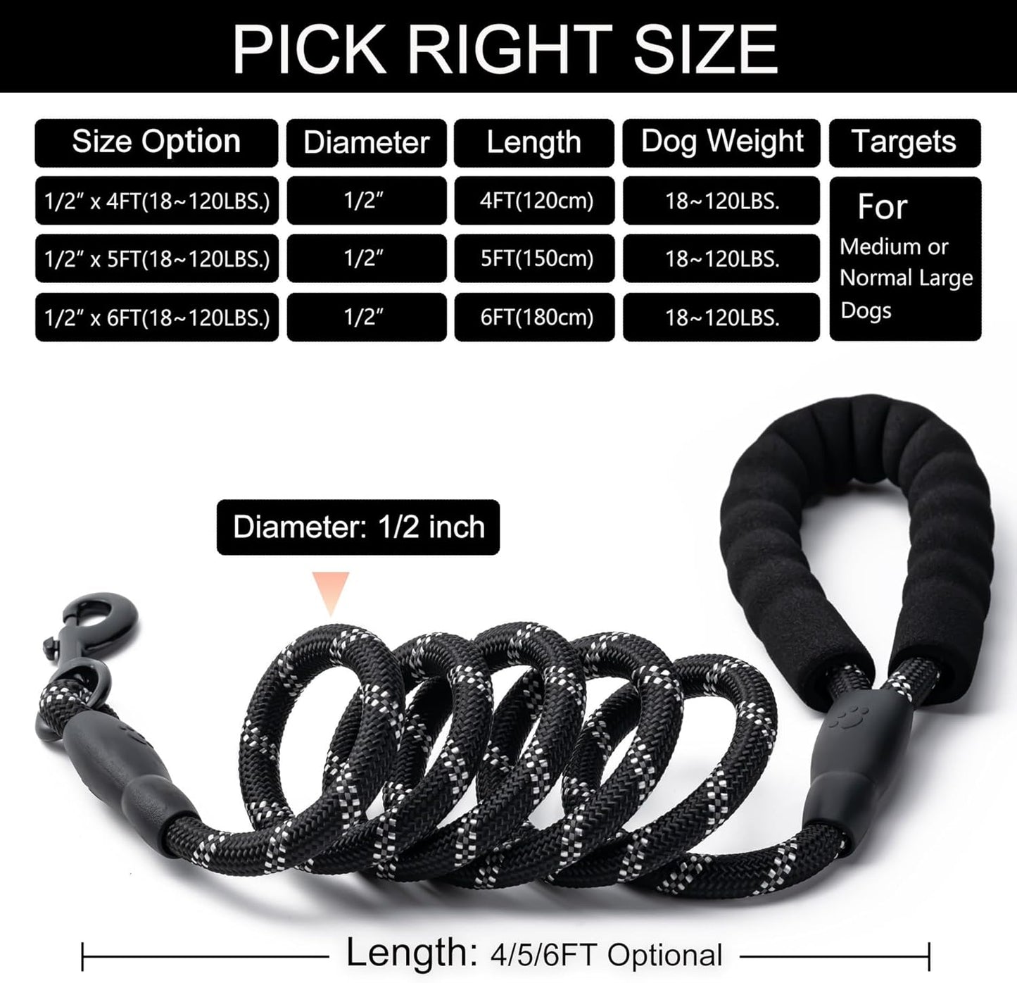 2 Pack Dog Leash, 4/5//6 FT Heavy Duty Nylon Rope Pet Leashes with Comfortable Padded Handle, Reflective Dog Leashes for Small Medium and Large Dogs (5FT-1/2,Black/Black)