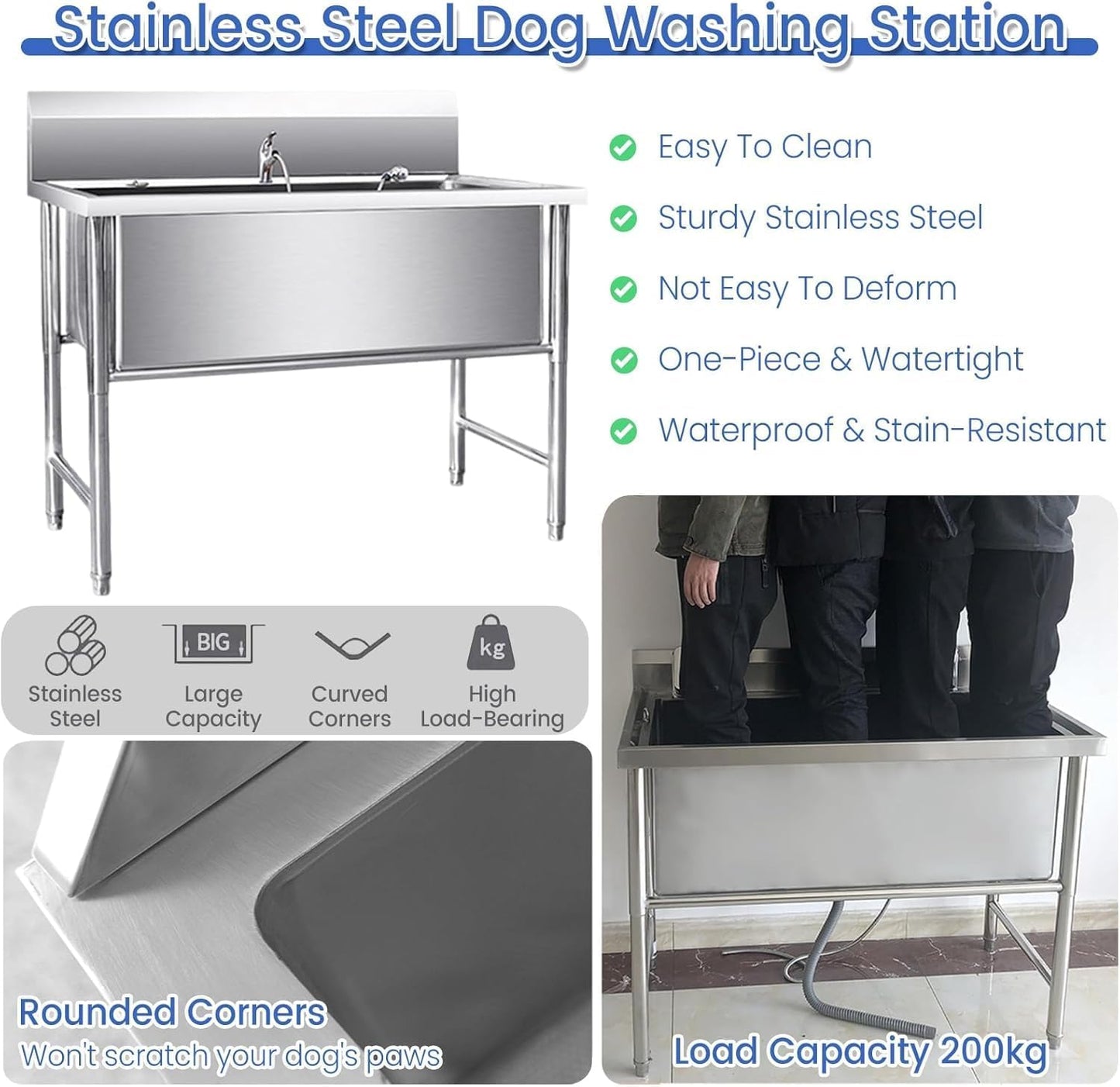 Dog Washing Station for Home with Anti Slip Pad & Dog Leash Ring - Dog Grooming Bath Tub Stainless Steel - Pet Wash Station for Large, Medium & Small Dogs(Large)
