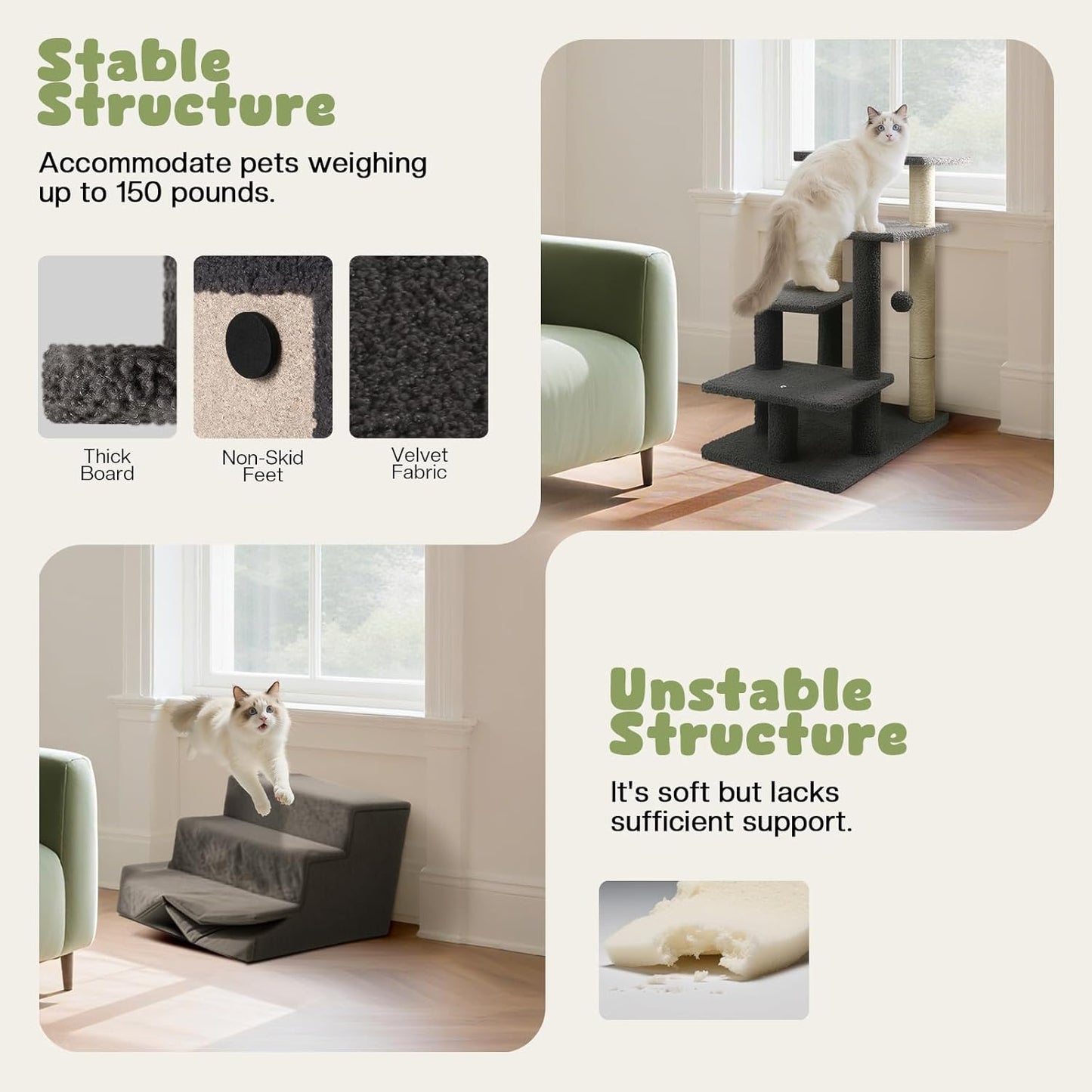 4-Step Pet Steps for Cats/Dogs, Cat Stairs with Sisal Scratching Post, Cat Steps for Older Cats with Enlarge Perch, Pet Stairs for High Bed and Couch, Gray