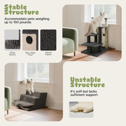4-Step Pet Steps for Cats/Dogs, Cat Stairs with Sisal Scratching Post, Cat Steps for Older Cats with Enlarge Perch, Pet Stairs for High Bed and Couch, Gray