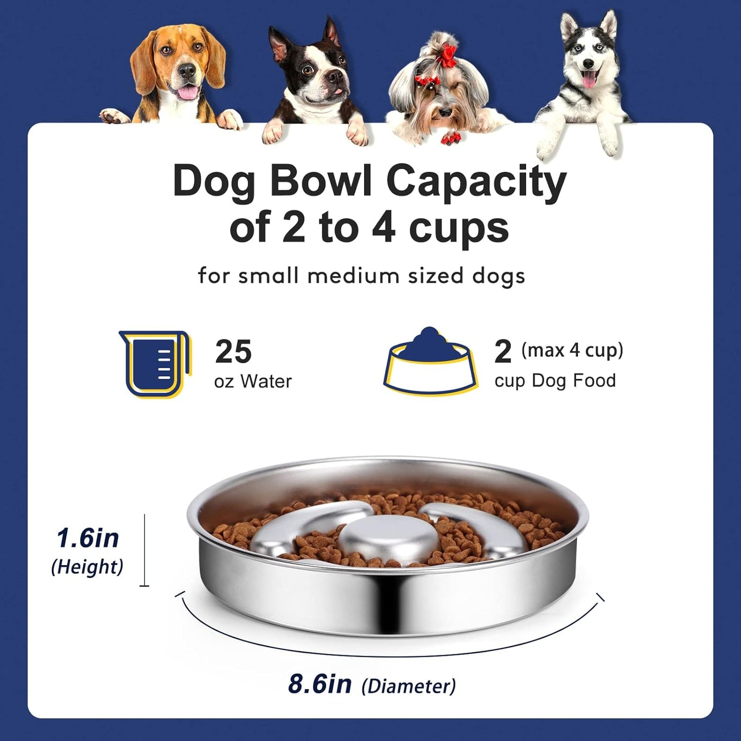 Slow Feeder Dog Bowl Stainless Steel, 2 Cups Metal Non-Slip Dog Food Bowls, Dogs Water Bowl for Small & Medium Sized Dogs, Fun Bloat Stop Pet Bowl for Fast Eaters, Slows Down Pets Eating