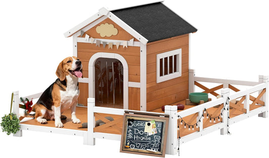 PawHut Outdoor Dog House, 56" Wooden Dog House with Large Porch, Weatherproof & Openable Roof, Elevated Base, Removable Floor, Outside Shelter for Small to Medium Breeds, 47" × 56" × 31.5"
