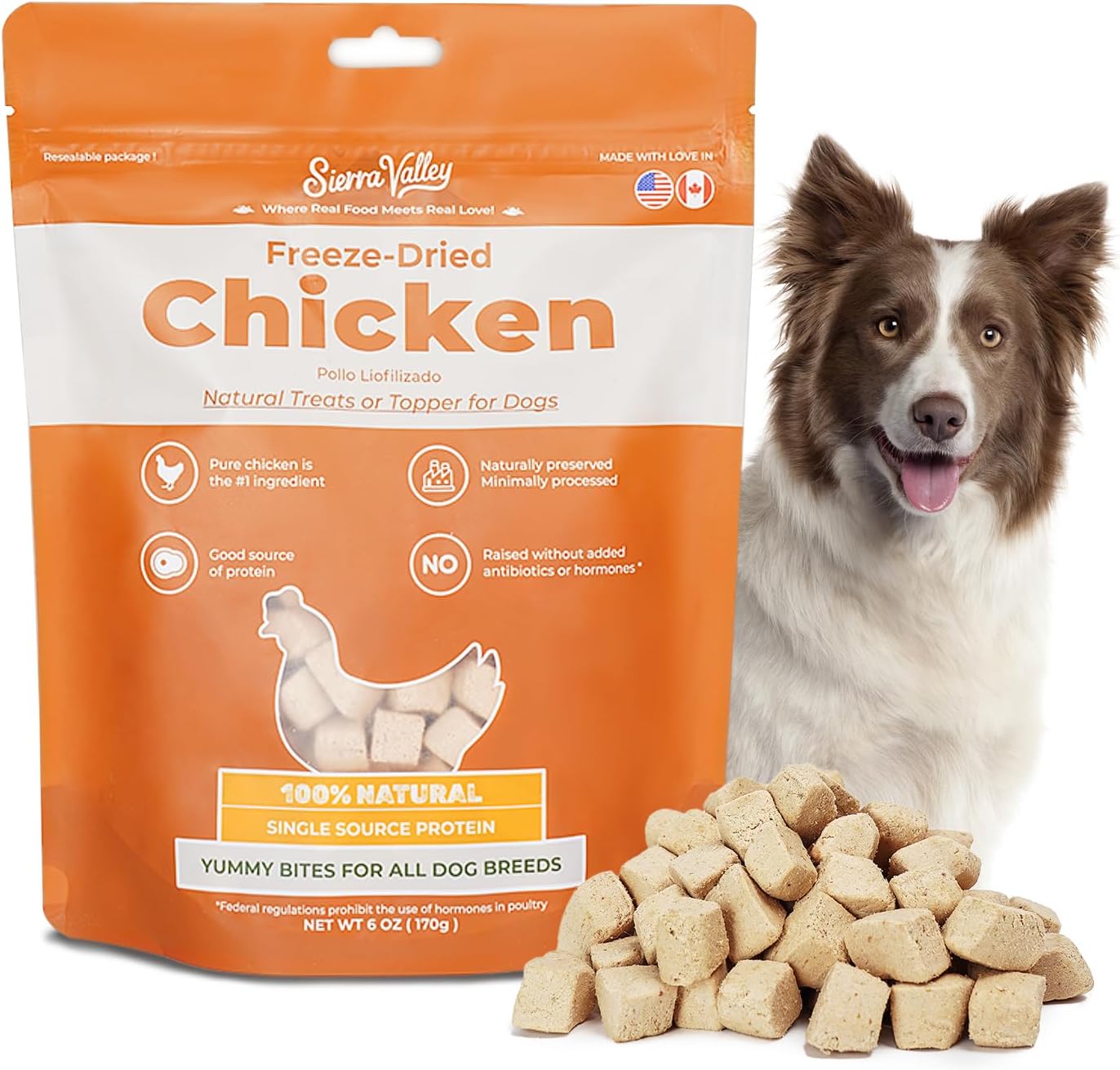 Freeze Dried Dog Treats Chicken Breast, 100% Pure Single-Ingredient Grain-Free, 2cm Tender Cubes for Medium Dogs, Hypoallergenic Low-Fat Snacks, Resealable Bag 6oz