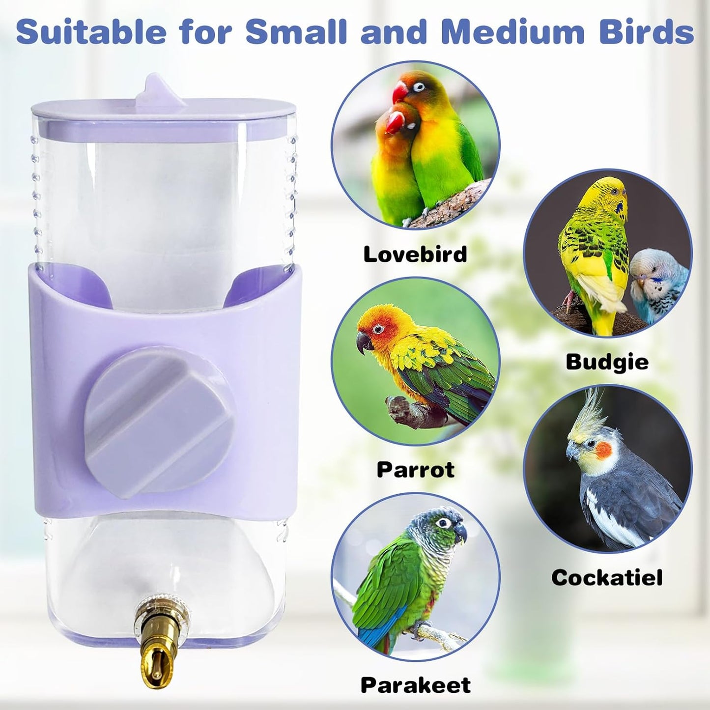 PINVNBY Bird Water Dispenser 9.47 Fl Oz Automatic Parrot Water Feeder Suspended Water Dispenser Bird Cage Accessories for Parakeet Budgie Lovebird Cockatiel Finch (Purple)