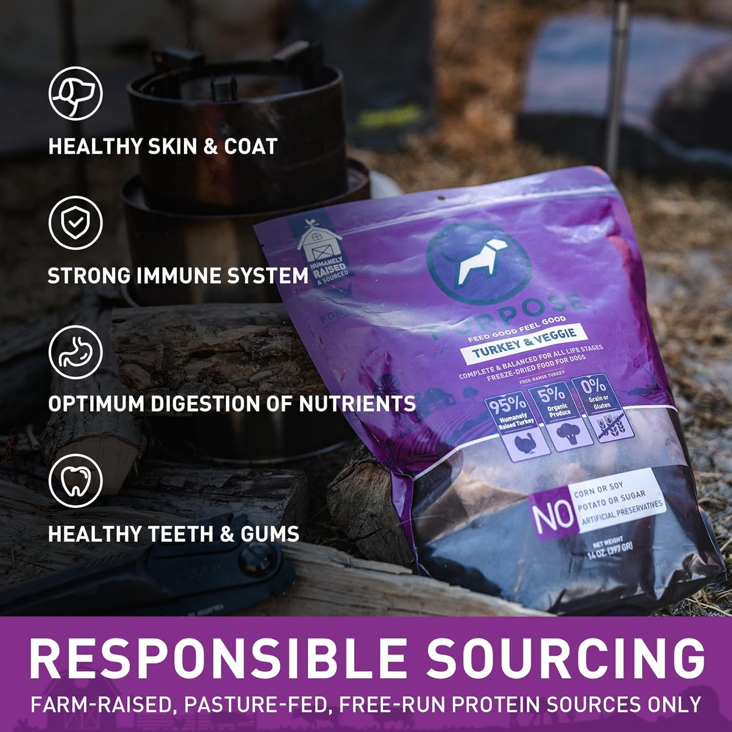 PURPOSE Freeze Dried Raw Dog Food, Grain Free Dry Dog Food, Complete Balanced Meal or Topper, Protein Rich Entree for All Breeds and Life Stages, Turkey & Veggie Recipe, 14 oz, USA Made