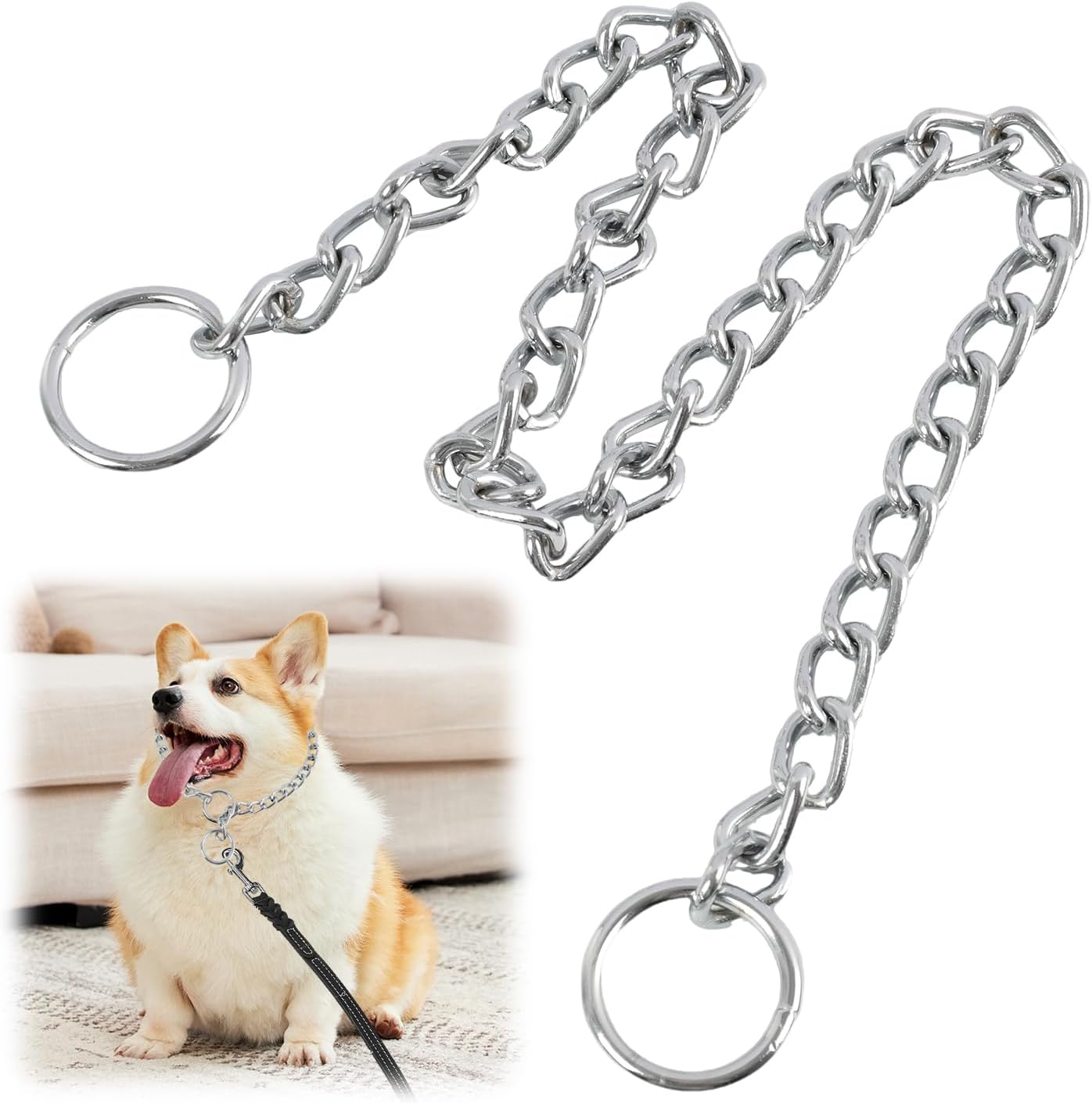Dog Chain Collar, Stainless Steel Choker Collar with Slip Link Design, Heavy Duty Metal Training for Small Medium Large Breed Dogs Training and Walking Silver 20 Inch Max Neck Size