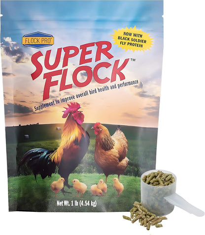 Super Flock Premium Pellet Chicken Supplement Boost Health & Egg Quality with Vitamins, Probiotics, Minerals, Chicken Supplies (1 lb)