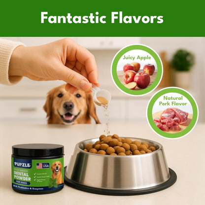 Pupzle Dog Teeth Cleaning Powder for Fresh Breath, Dog Dental Powder, Tartar & Plaque Focused, Natural Breath Freshener, Pet Dental Supplement with Probiotics for Gut Health, Mint, 60 Days Supply