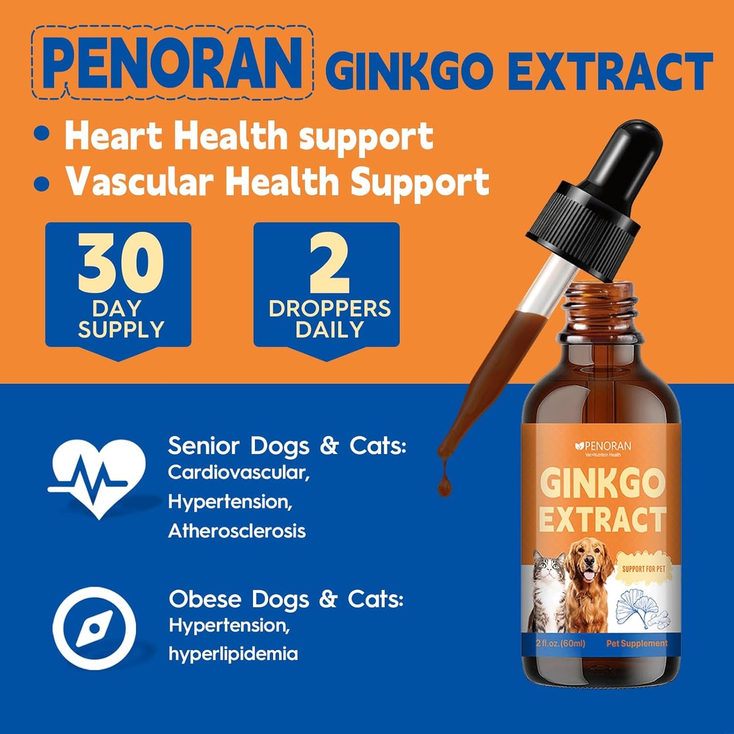 Pet Ginkgo Biloba Extract -Heart & Vascular Supplements for Senior & Overweight Dogs & Cats: Cardiovascular Health, Healthy Blood Pressure & Cholesterol Levels, Brain, Memory, Cognition
