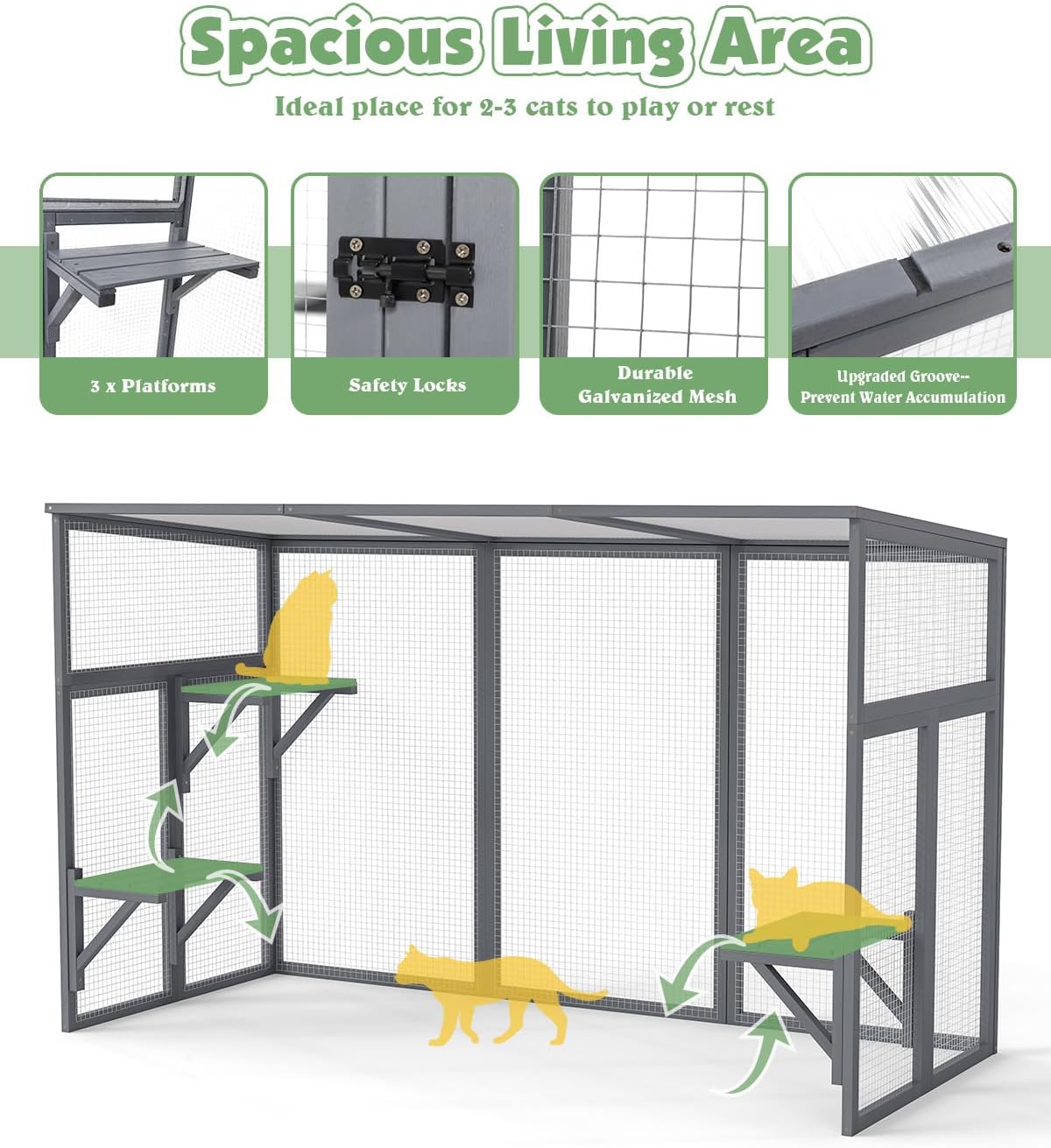 Outdoor Cat House, 71" Catio Outdoor Cat Enclosure, Large Cat Houses & Condos, Cattio for Apartment Balcony, Window Cat Cage Weatherproof, Grey