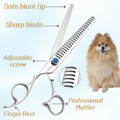 7.5in 24 Teeth Chunker & 6.75in Pink Curved Dog Grooming Scissors, Japan 30 Degree Bend, VG10 Steel Sharp Scissors for Dog Grooming, Professional Pet Thinning Shears for Dogs Cats on Face Paw