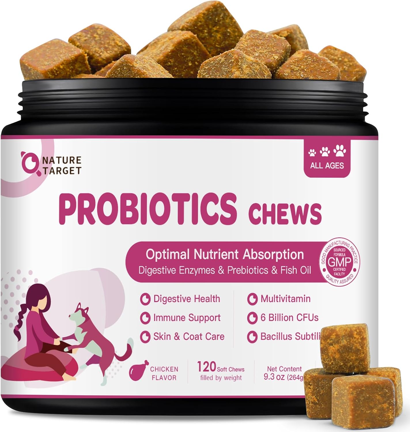 NATURE TARGET Probiotics for Dogs, 120 Freeze Dried Bites Bundle with 120 Soft Chews