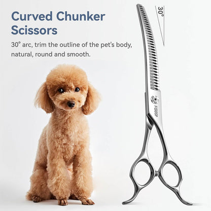 Curved Thinning Shears Dog Grooming Scissors 7.5" Curved Chunkers for Dogs Pet Japan Alloy Steel 70% Thinning Rate 33 Horseshoe Teeth Fluffier Natural (7.5 in, Curve Chunker with Comb)