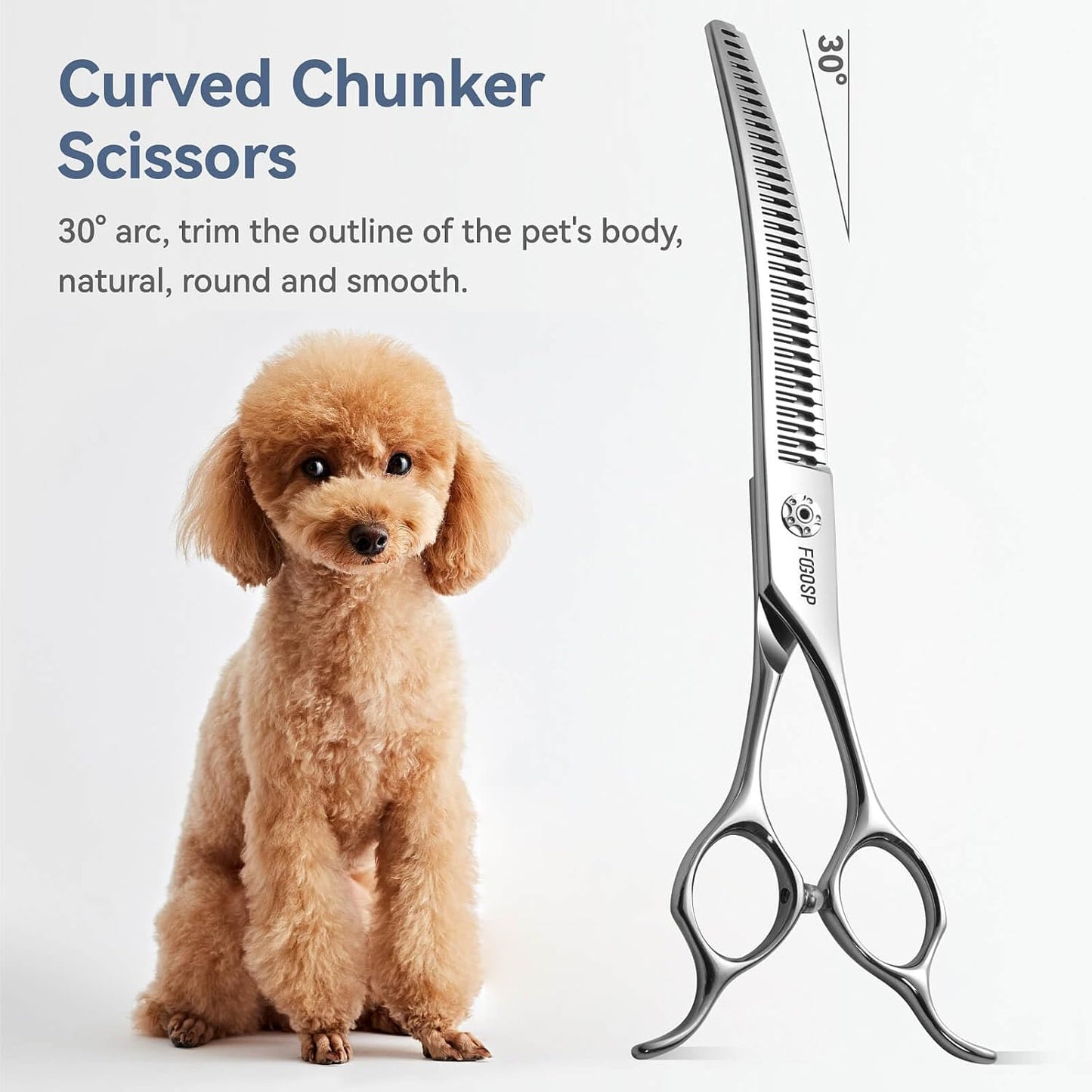 Curved Thinning Shears Dog Grooming Scissors 7.5" Curved Chunkers for Dogs Pet Japan Alloy Steel 70% Thinning Rate 33 Horseshoe Teeth Fluffier Natural (7.5 in, Curve Chunker with Comb)