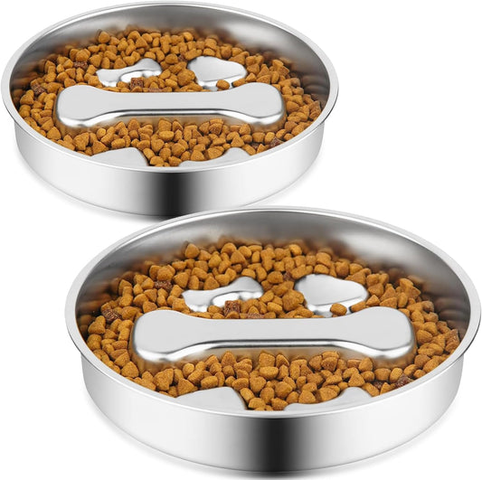 Stainless Steel Slow Feeder Dog Bowls,2 Pcs Slow Food Bowl for Dog & Cat - 2 Cups Capacity,Bone-Shaped Design Pet Food Holder,Metal Non-Slip Lick Plate,Puzzle Maze Dish for Small & Medium Sized Breeds