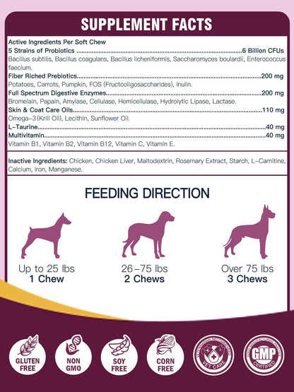 Probiotics for Dogs - Dog Probiotics for Digestive Health, Prebiotic, Digestive Enzymes for Dogs with Pumpkin, Omega-3, Support Gut, Immune, Diarrhea, 120 Soft Chews