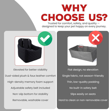 Elevated Dog Car Seat for Small/Medium Dogs up to 35 lbs, Memory Foam Pet Booster Seat with Detachable Washable Cover, Portable Travel-Safe Bed for Cars with Safety Belts and Storage Pockets